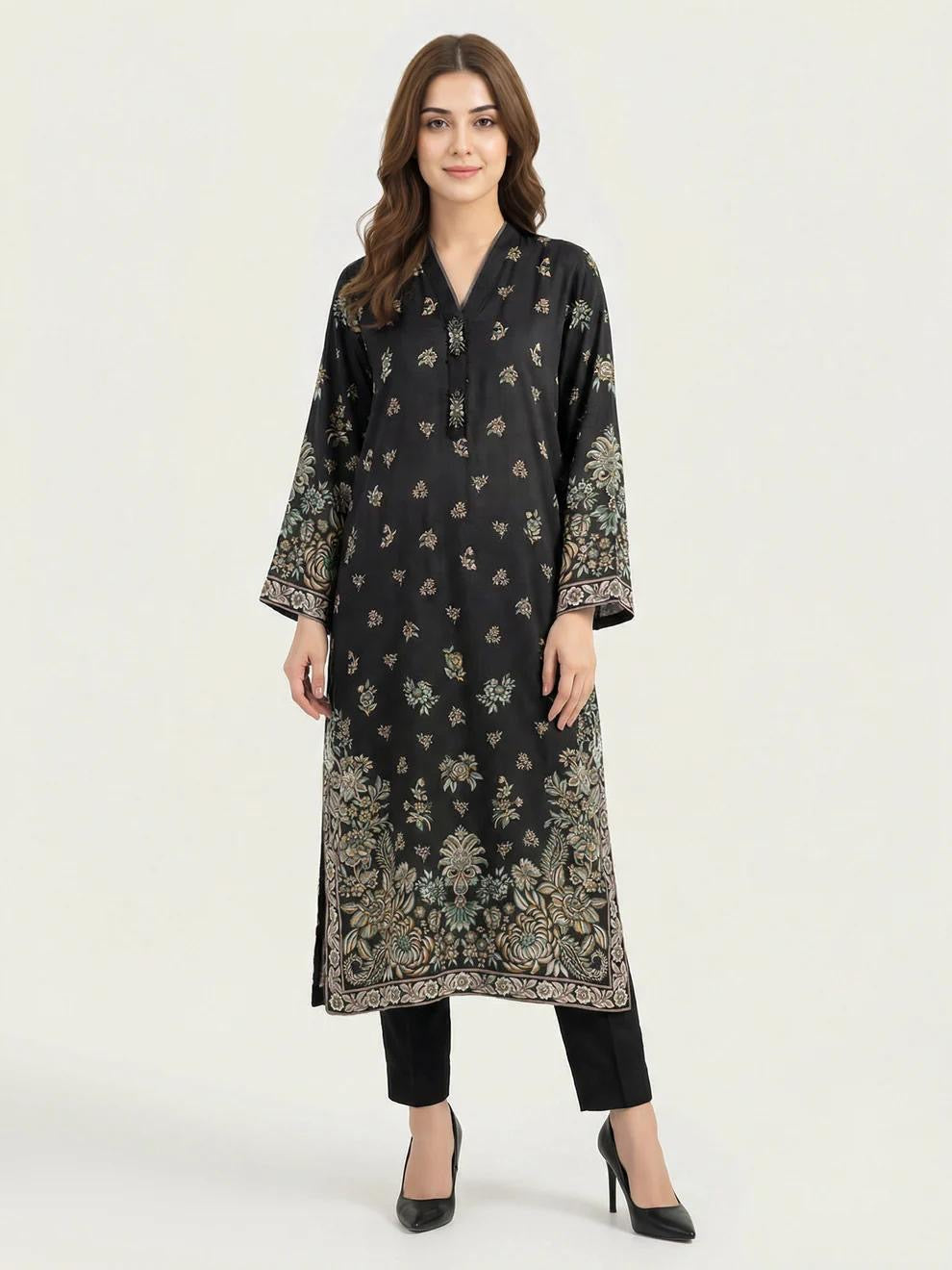 Limelight Black Silk Shirt with V-Neckline & Embellished Brooch Placket Flowy Printed Long Top