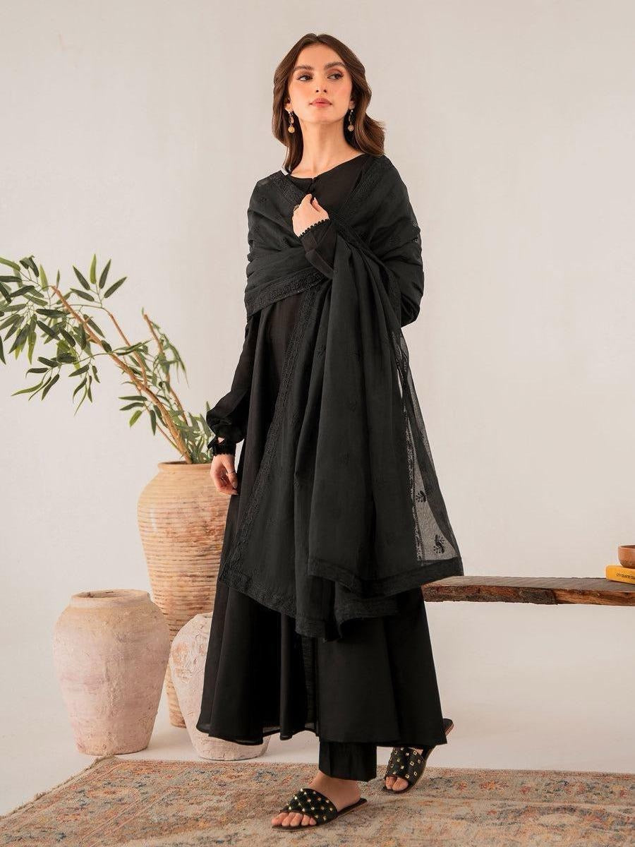 Salenmore | Panache Apparel Black Chambray Kattan Embroidered dupatta 3‑Piece Suit spring summer – Pakistani women's wear | Traditional Dress |