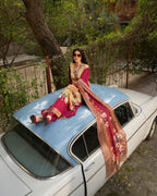 Karma 3 piece Kaftan Beige & Maroon Printed Silk 3PC Suit – Elegant Long Shirt with Dupatta & Trouser Inner included