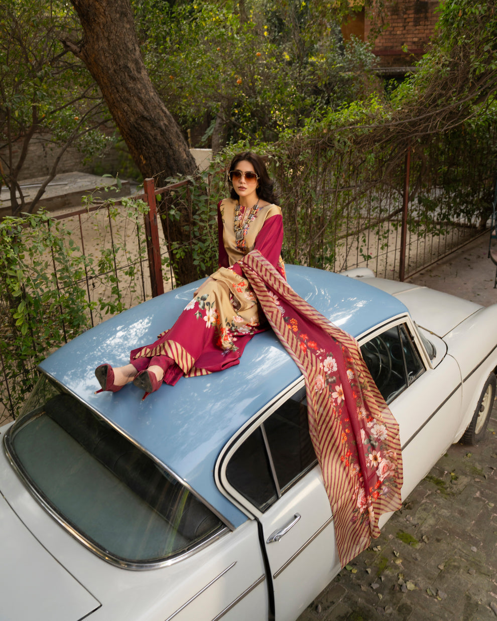 Karma 3 piece Kaftan Beige & Maroon Printed Silk 3PC Suit – Elegant Long Shirt with Dupatta & Trouser Inner included