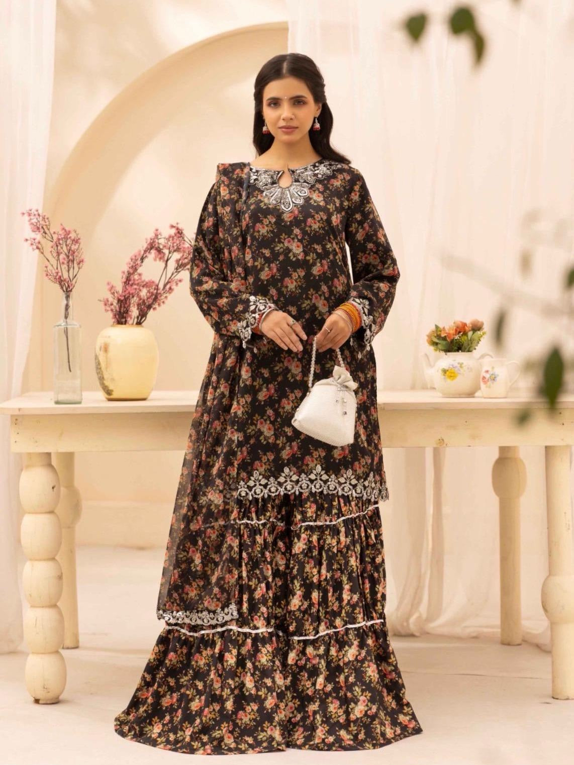 Simrans Baroque inspired Chiffon Embroidered Pakistani Suit - Elegant Floral Print & Festive Eid Wear for Women, Lightweight & Comfortable