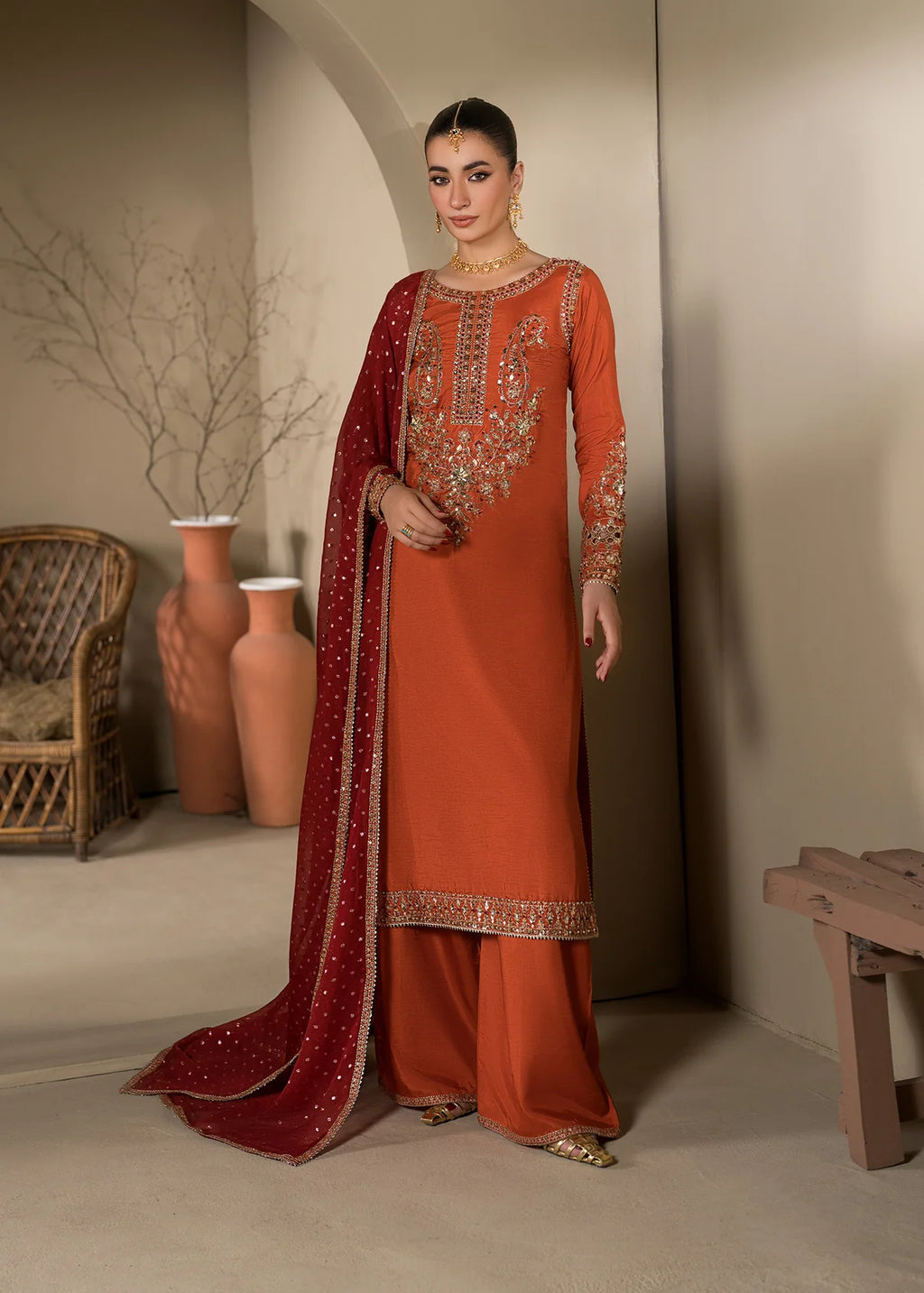3 pc Long Kurta & Flared Trouser Set with Bindi Chiffon Dupatta – Heavy Embroidery & Embellishment Rust Korean Raw Silk