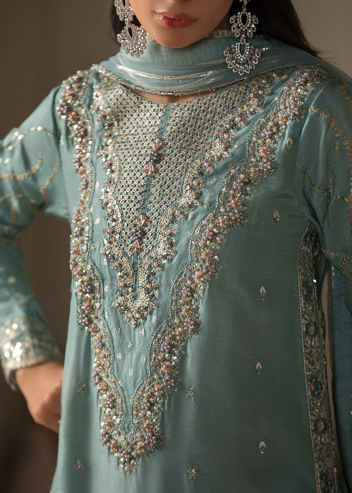 Ice Blue lue Embroidered 3-Piece Suit – KH Raw Silk Kurta, Flared Trouser & Net Dupatta
