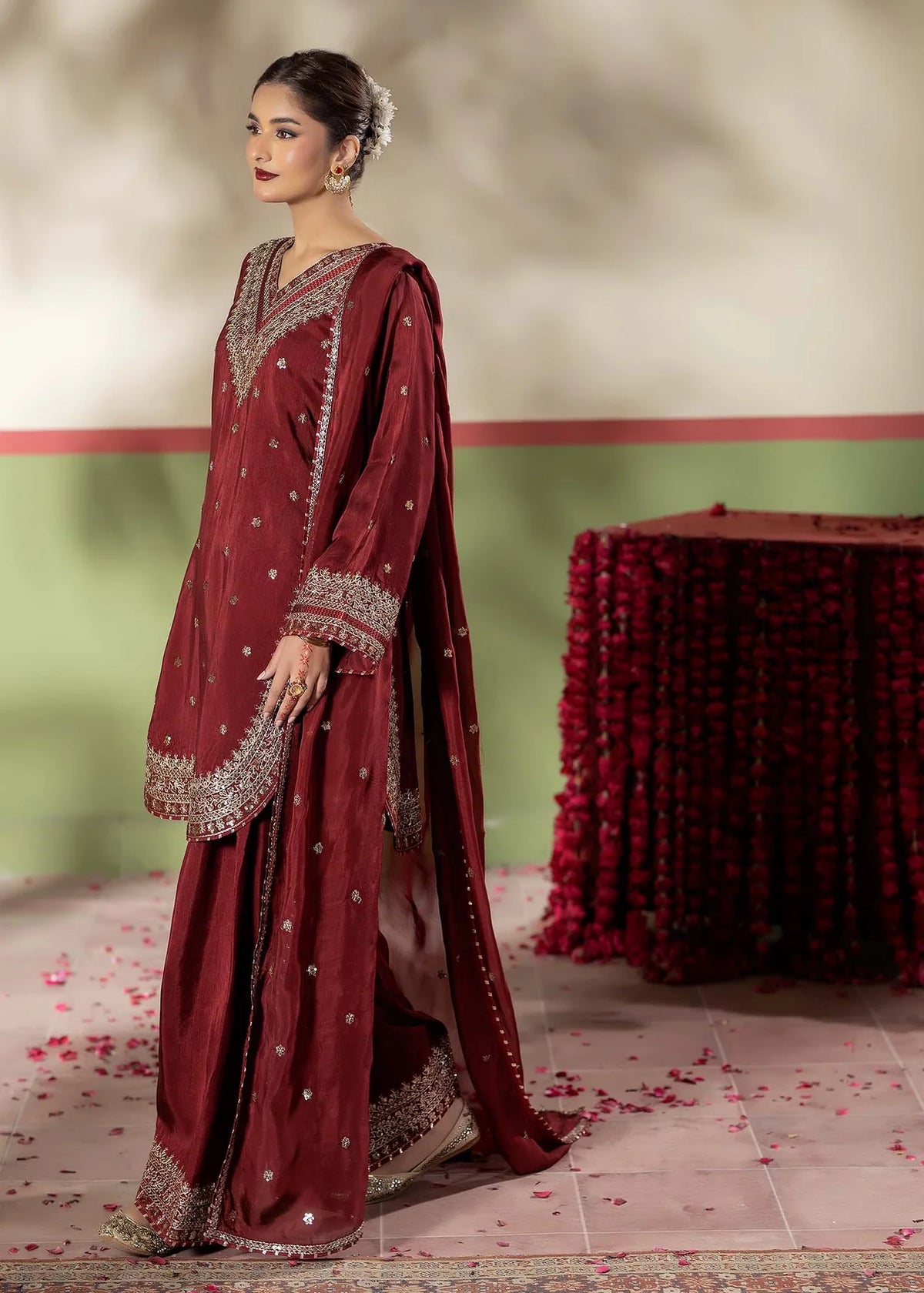 Maroon Raw Silk Embroidered Farshi Shalwar 3-Piece Suit
