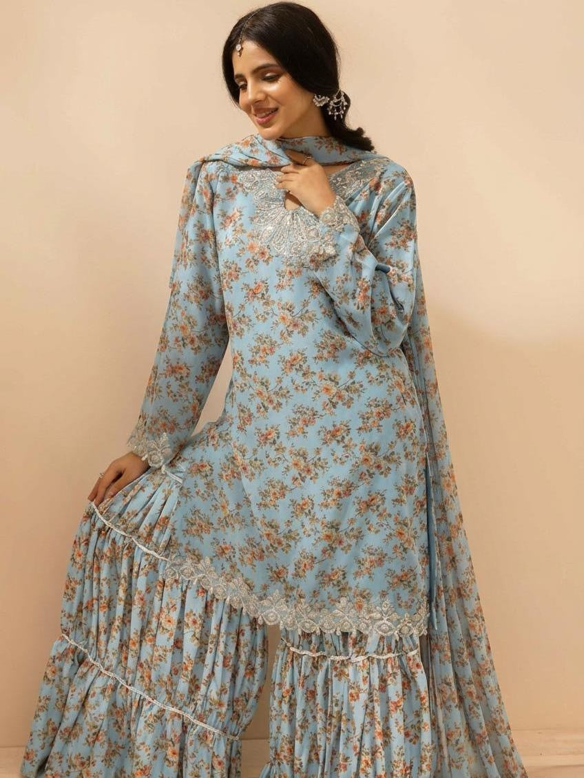 Simrans Baroque Chiffon Sky Blue Embroidered Pakistani Suit - Elegant Floral Print & Festive Eid Wear for Women, Lightweight & Comfortable
