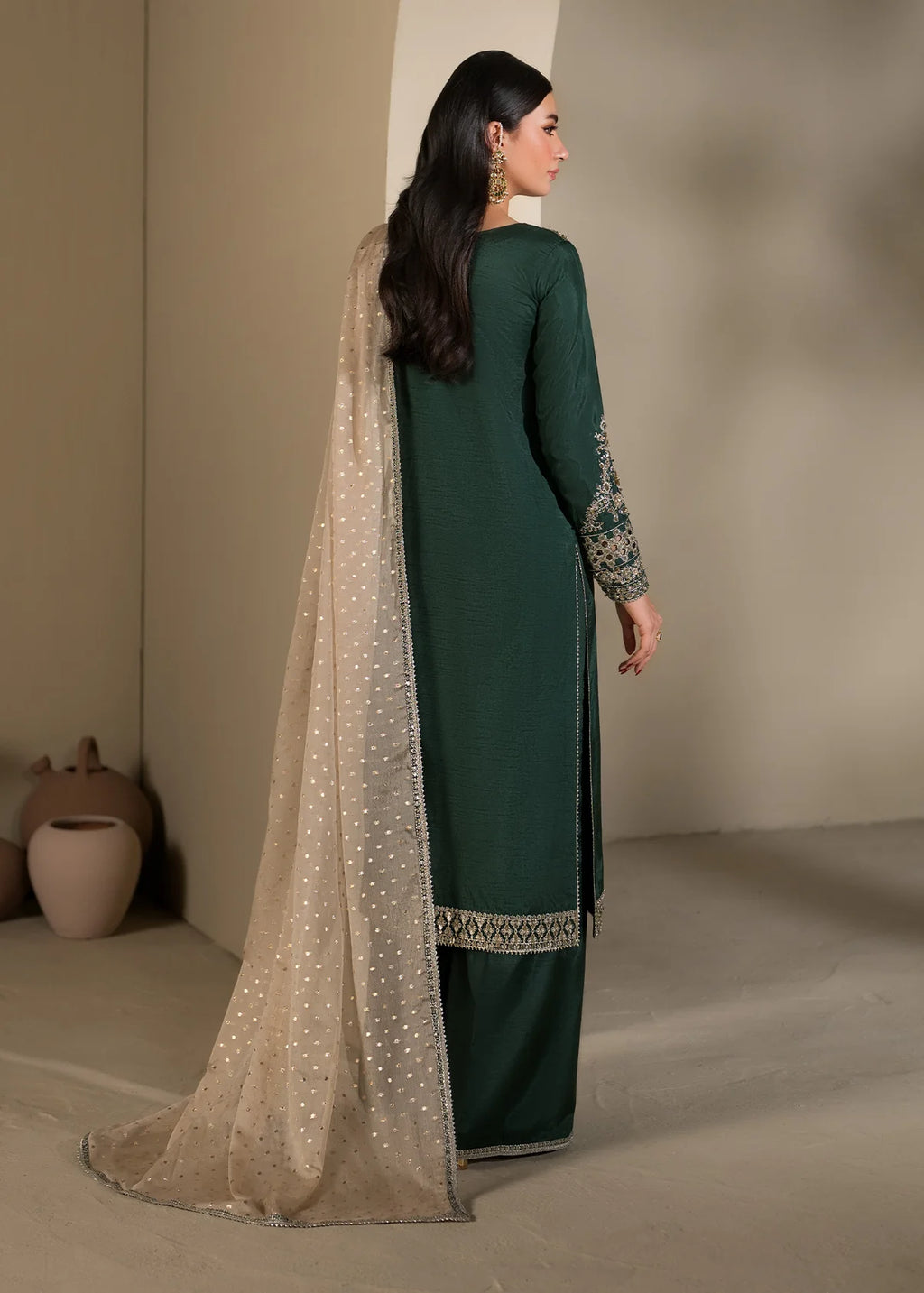 3 pc Long Kurta & Flared Trouser Set with Bindi Chiffon Dupatta – Heavy Embroidery & Embellishment Green Korean Raw Silk