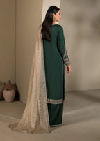 3 pc Long Kurta & Flared Trouser Set with Bindi Chiffon Dupatta – Heavy Embroidery & Embellishment Green Korean Raw Silk