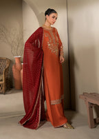 3 pc Long Kurta & Flared Trouser Set with Bindi Chiffon Dupatta – Heavy Embroidery & Embellishment Rust Korean Raw Silk