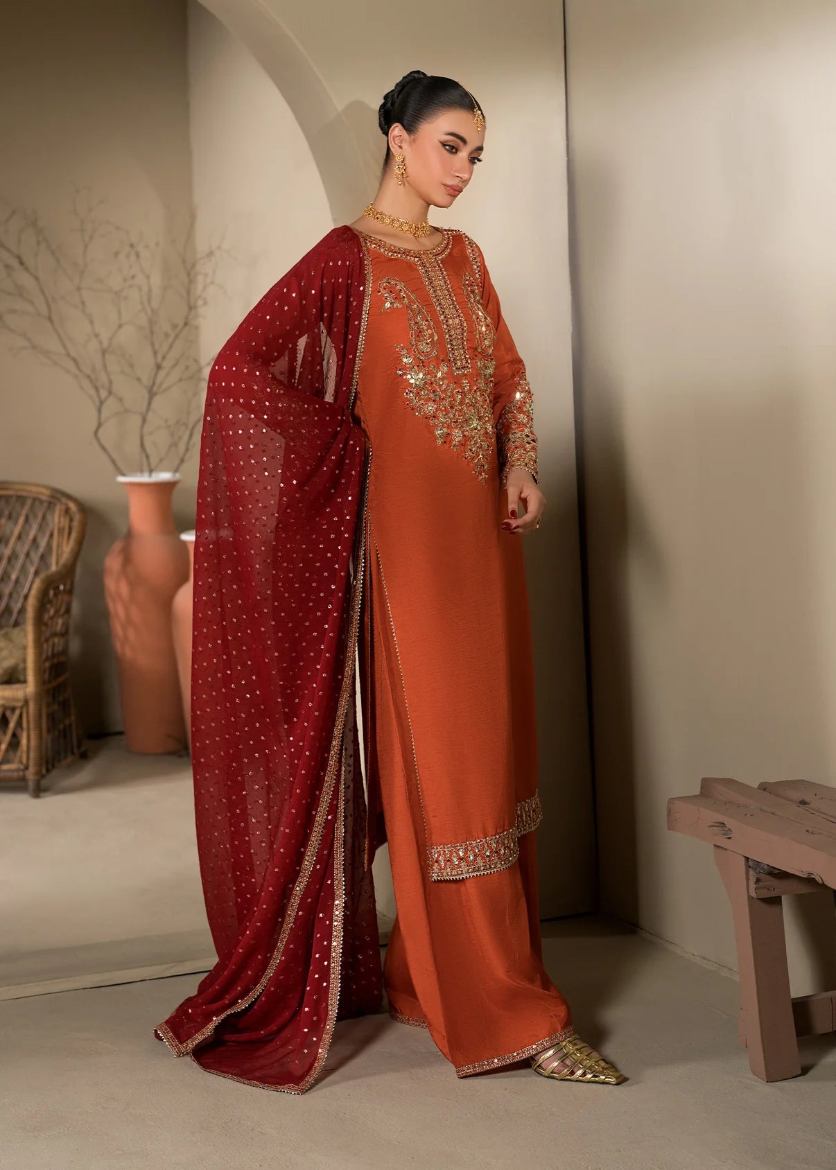 3 pc Long Kurta & Flared Trouser Set with Bindi Chiffon Dupatta – Heavy Embroidery & Embellishment Rust Korean Raw Silk