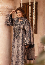 Simrans Maria B Kaftan Style Inspired Viscose Silk 3-Piece Suit – Beige & Black Printed Outfit with Embroidered Neckline
