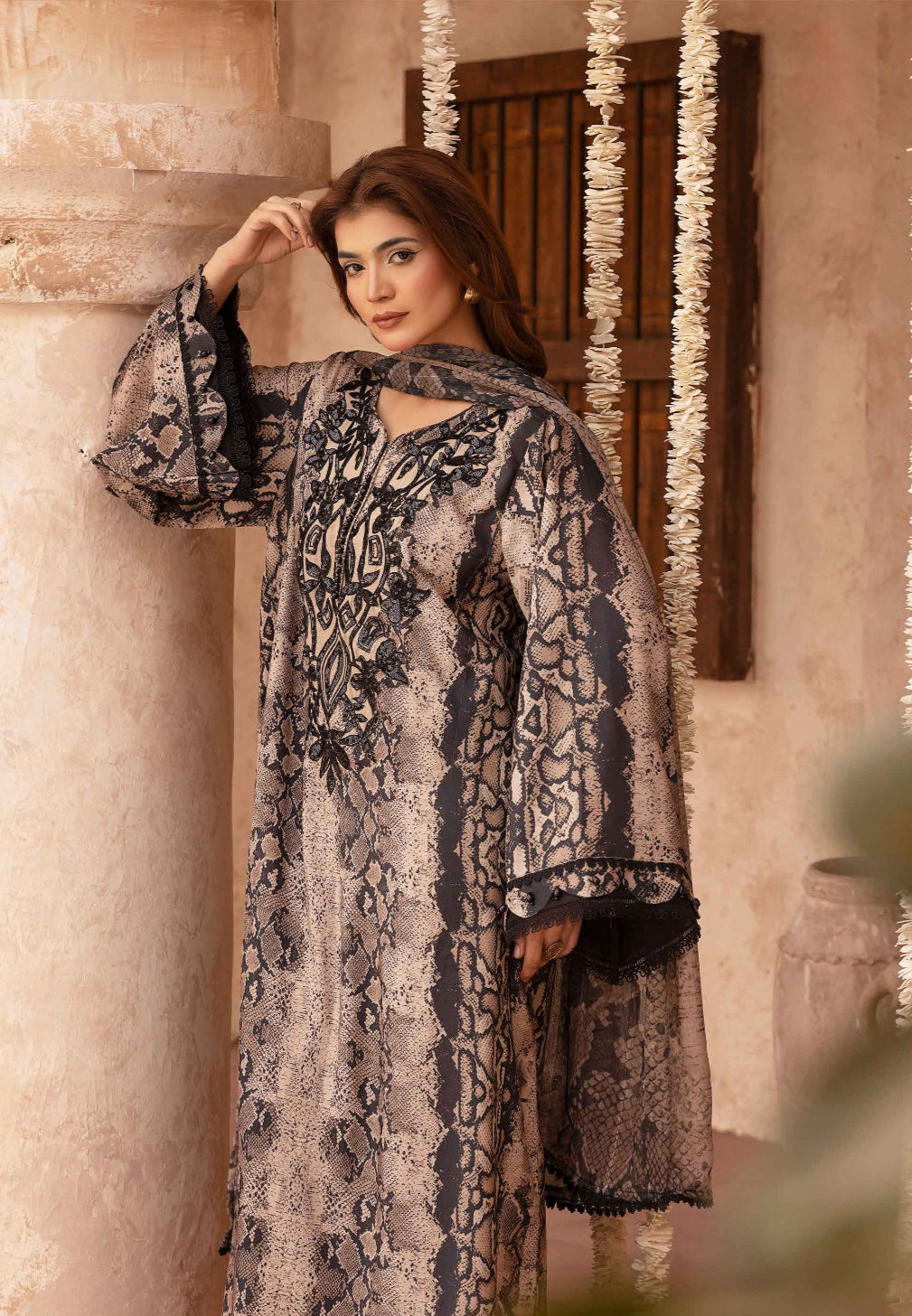 Simrans Maria B Kaftan Style Inspired Viscose Silk 3-Piece Suit – Beige & Black Printed Outfit with Embroidered Neckline