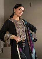 3 piece Black Short Shirt & Farshi Shalwar with Tie-Dye Medium Silk Dupatta – Heavy Embroidery & Embellished Ensemble