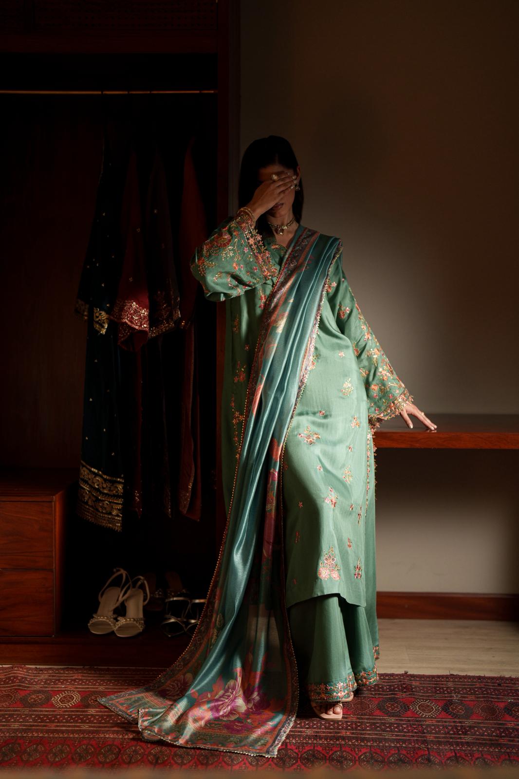 Casual Lite Luxury Festive Drop EALA Premium Silk Viscose 3 Piece Printed Dupatta Embroidered with Sequin Work and Lace for Modern Elegance