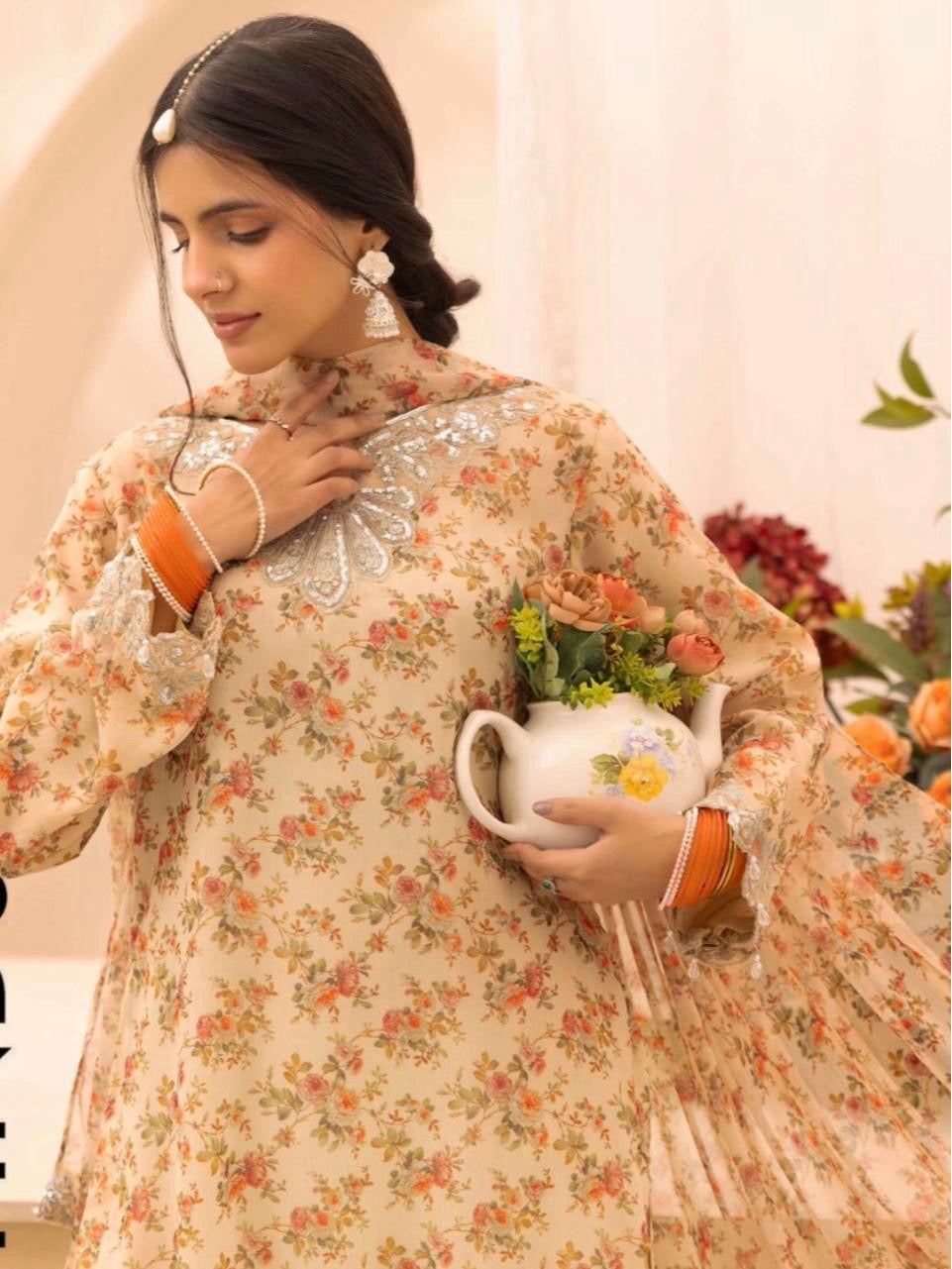Simrans Baroque inspired Chiffon Embroidered Pakistani Suit - Elegant Floral Print & Festive Eid Wear for Women, Lightweight & Comfortable