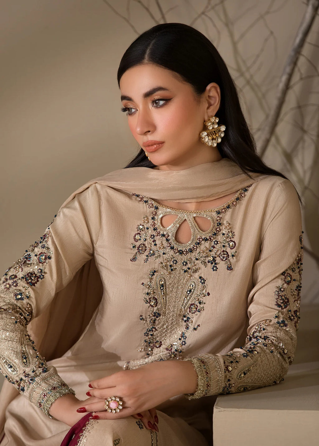 Embroidered Shirt with Two-Toned Sharara & Medium Silk Dupatta – Heavy Embroidery & Embellished 3-Piece Ensemble