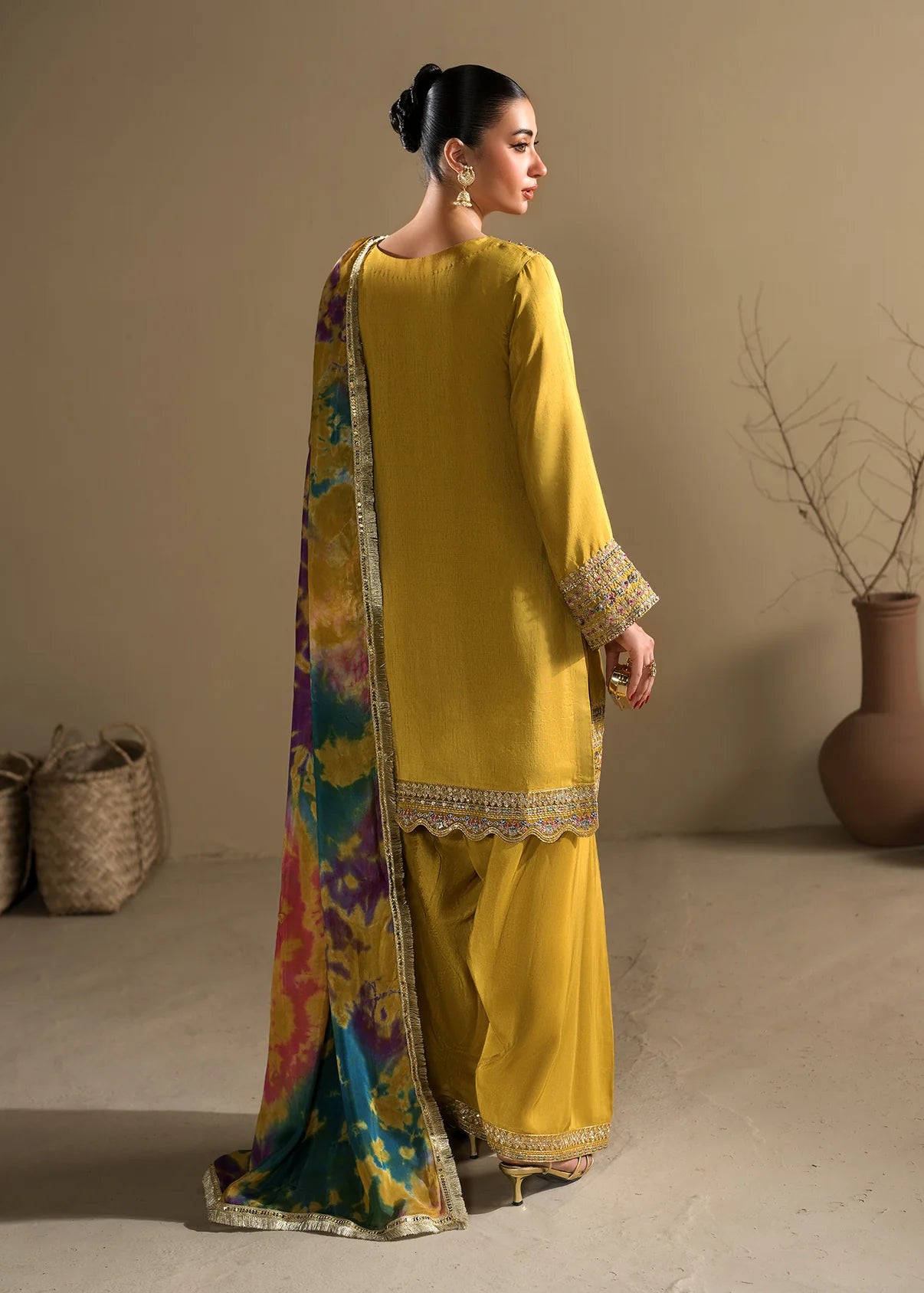 3 piece Short Shirt & Farshi Shalwar with Tie-Dye Medium Silk Dupatta – Heavy Embroidery & Embellished Ensemble