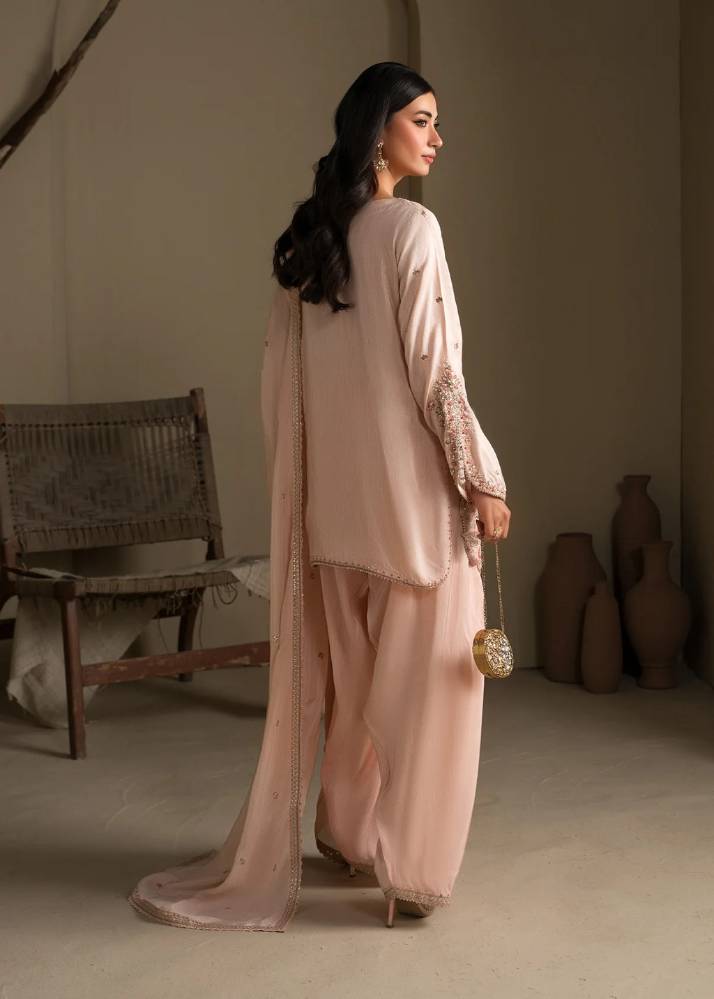 Peach Embroidered Raw Silk Short Kurta with Farshi Shalwar & Silk Dupatta