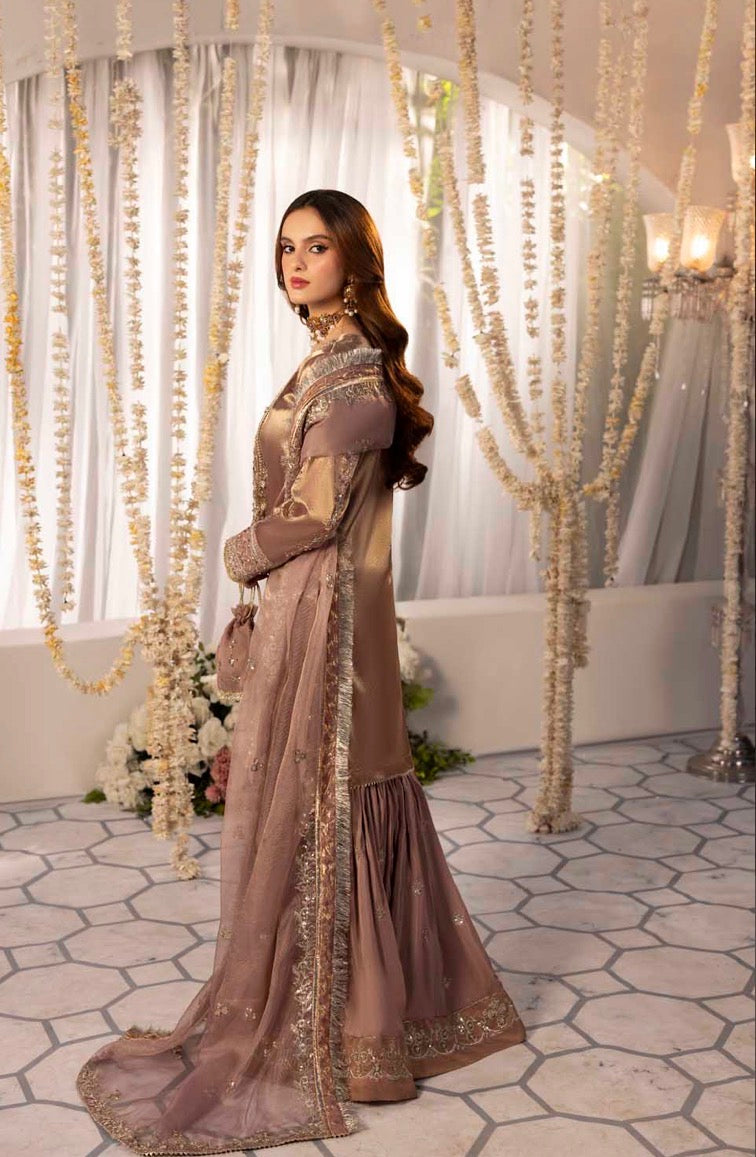 Mesouri Sequin & Resham Embroidered Rose Gold Gharara Luxury Ensemble
