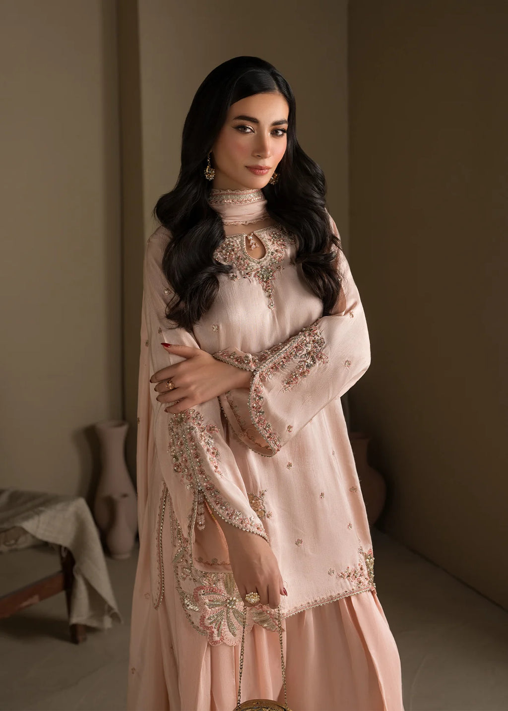 Peach Embroidered Raw Silk Short Kurta with Farshi Shalwar & Silk Dupatta