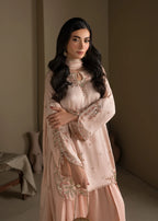 Peach Embroidered Raw Silk Short Kurta with Farshi Shalwar & Silk Dupatta