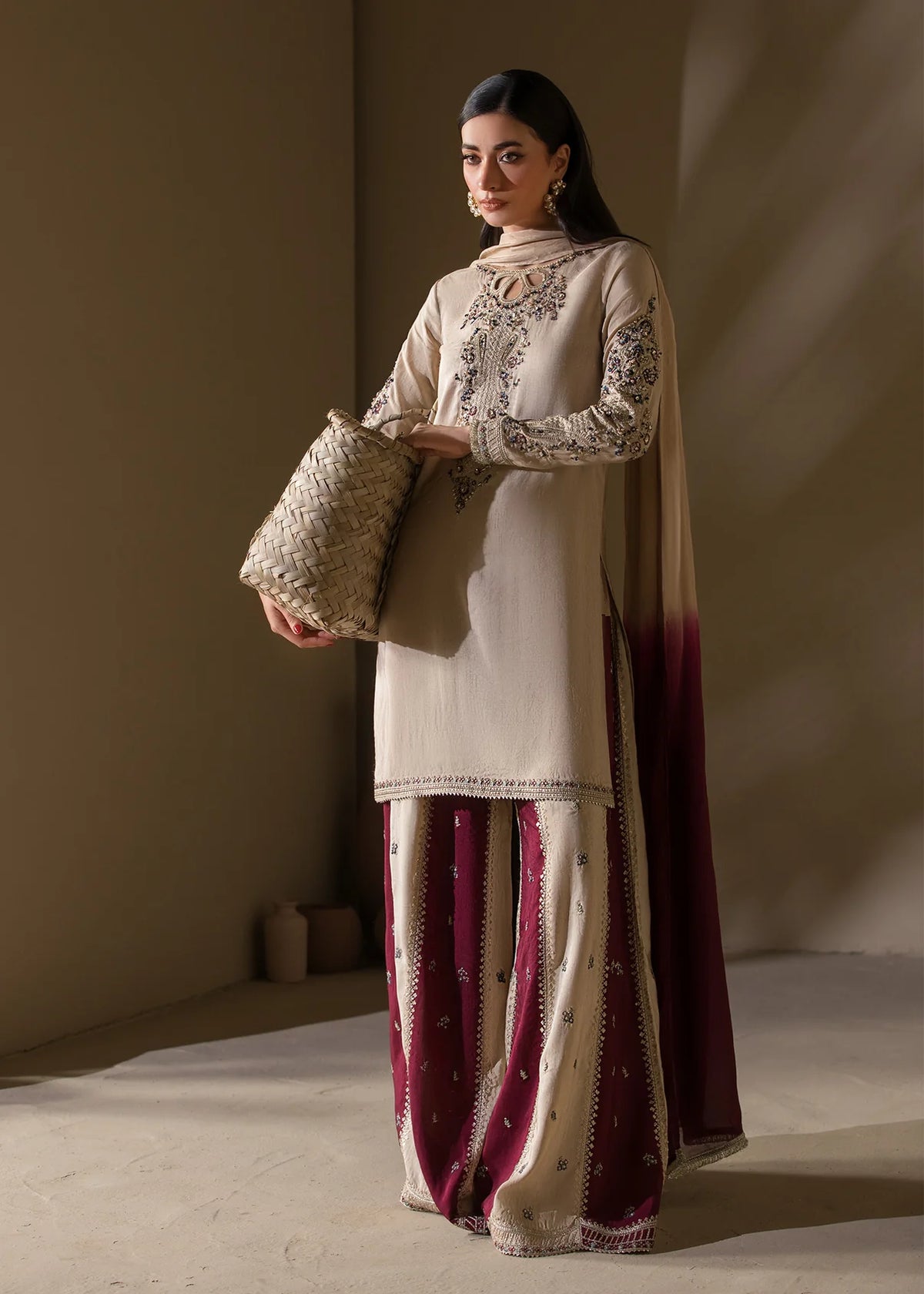 Embroidered Shirt with Two-Toned Sharara & Medium Silk Dupatta – Heavy Embroidery & Embellished 3-Piece Ensemble