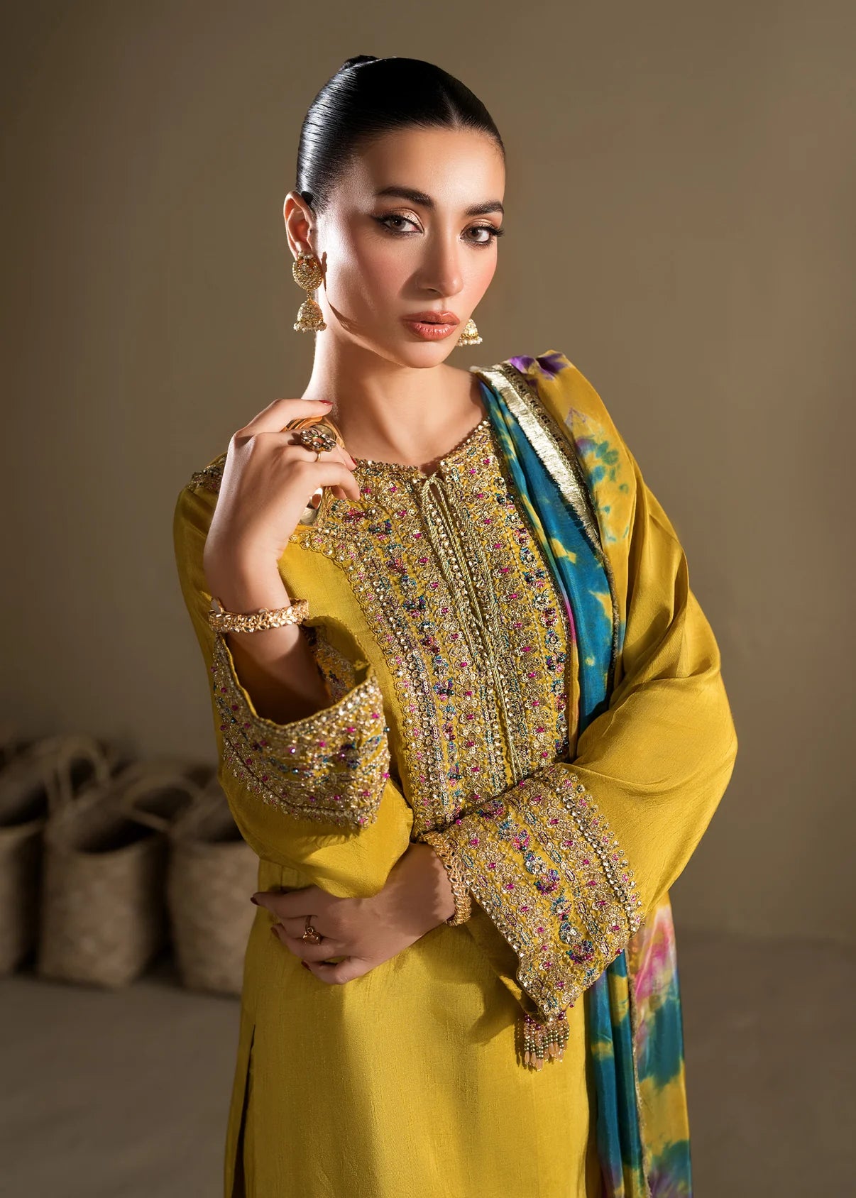 3 piece Short Shirt & Farshi Shalwar with Tie-Dye Medium Silk Dupatta – Heavy Embroidery & Embellished Ensemble