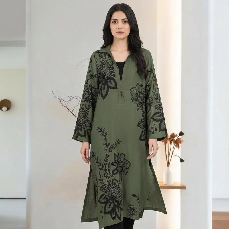 Limelight Original 1 Piece single shirt Viscose Slub Printed Shirt Olive Flared V-neckline Wide Sleeves Womenswear Asian Style