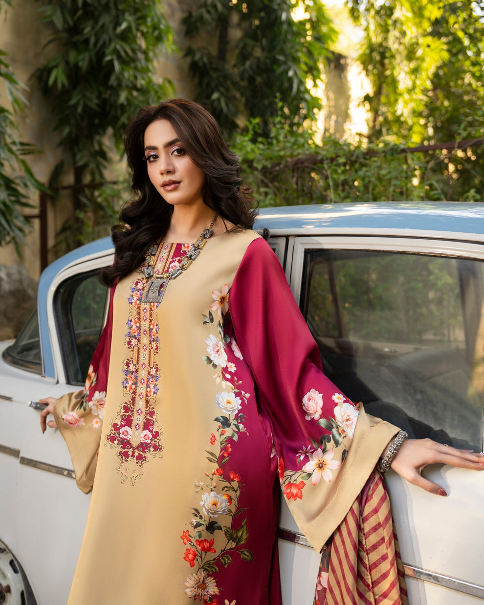 Karma 3 piece Kaftan Beige & Maroon Printed Silk 3PC Suit – Elegant Long Shirt with Dupatta & Trouser Inner included