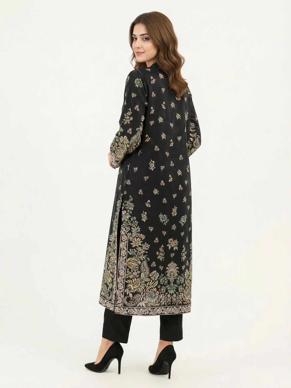 Limelight Black Silk Shirt with V-Neckline & Embellished Brooch Placket Flowy Printed Long Top