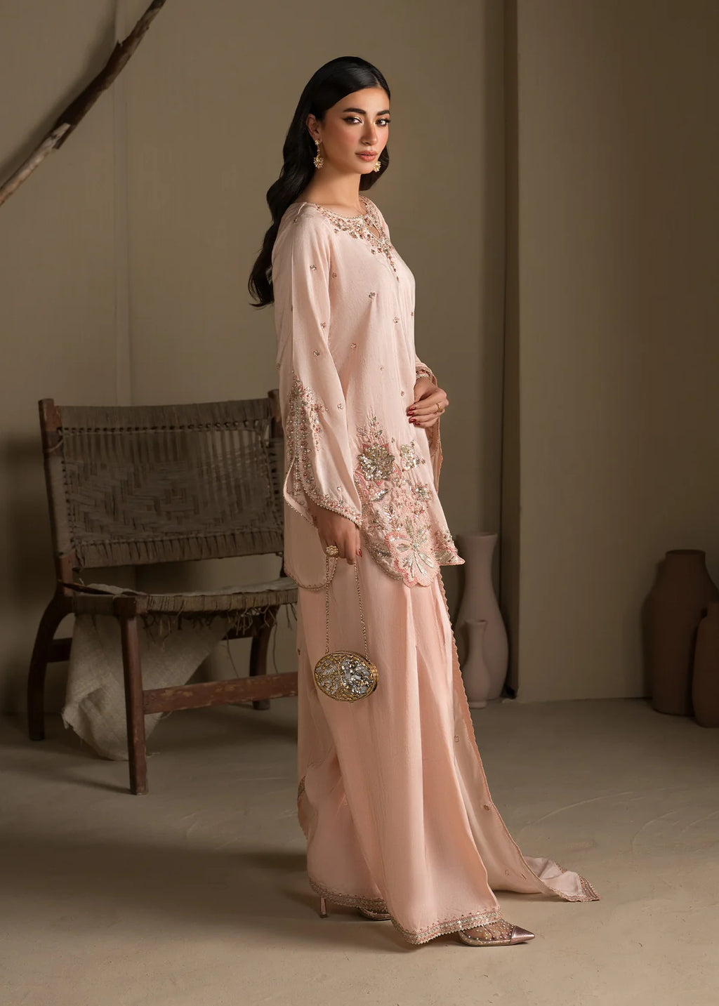 Peach Embroidered Raw Silk Short Kurta with Farshi Shalwar & Silk Dupatta