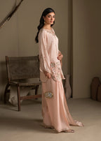 Peach Embroidered Raw Silk Short Kurta with Farshi Shalwar & Silk Dupatta