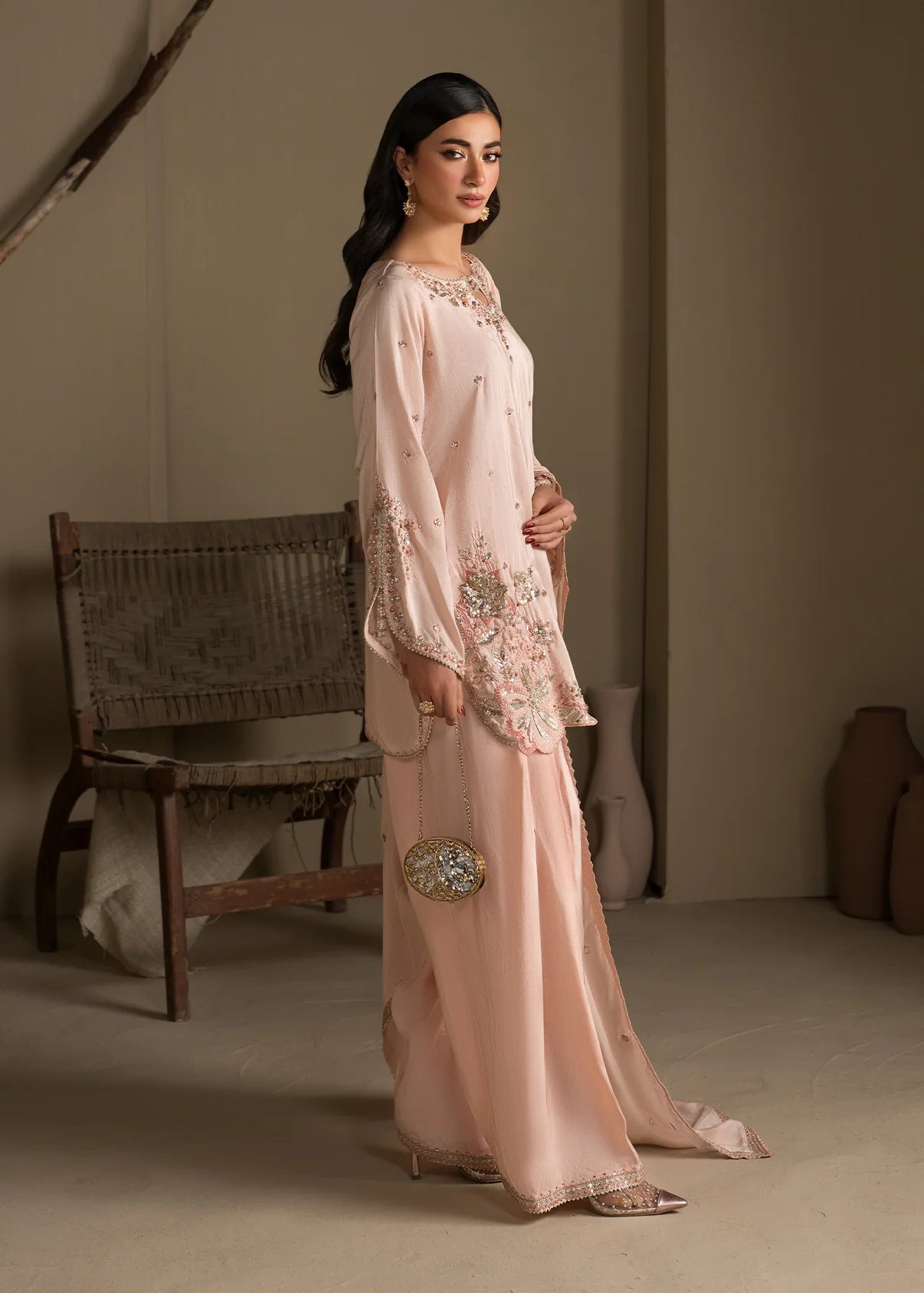 Peach Embroidered Raw Silk Short Kurta with Farshi Shalwar & Silk Dupatta