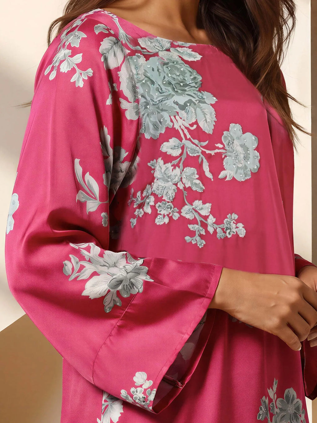 Limelight Pink Floral Printed Silk Embroidered 2-Piece Suit