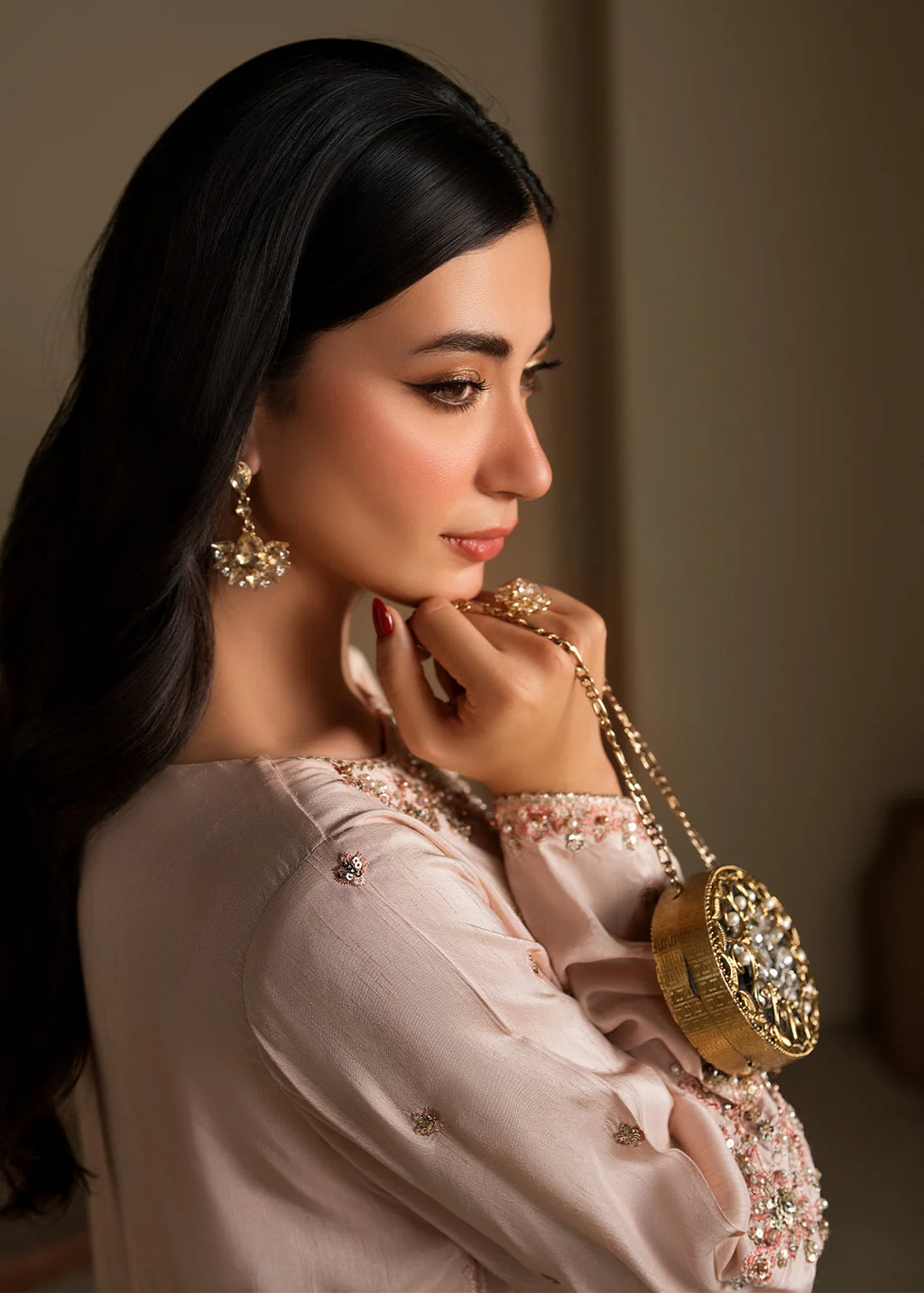 Peach Embroidered Raw Silk Short Kurta with Farshi Shalwar & Silk Dupatta