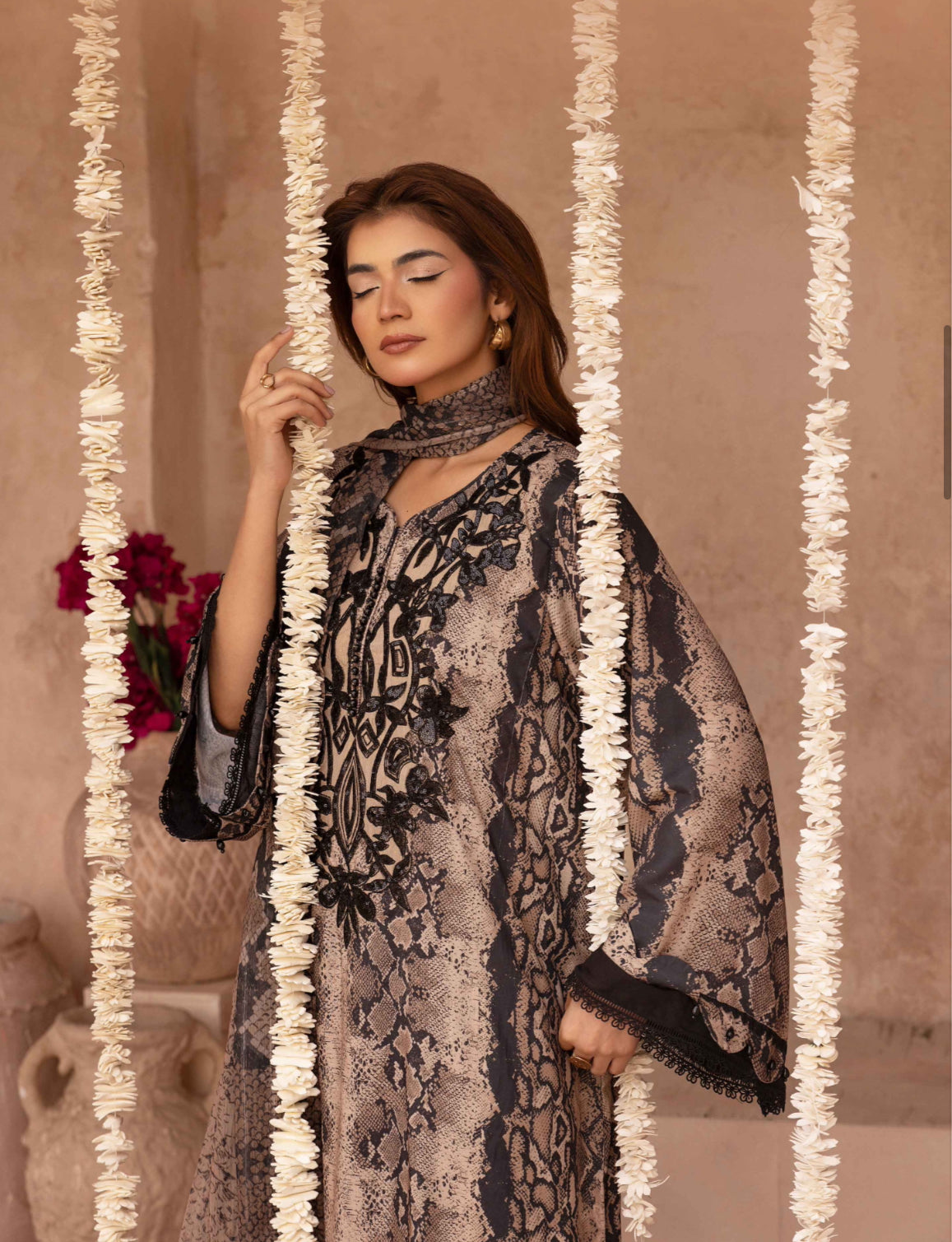 Simrans Maria B Kaftan Style Inspired Viscose Silk 3-Piece Suit – Beige & Black Printed Outfit with Embroidered Neckline