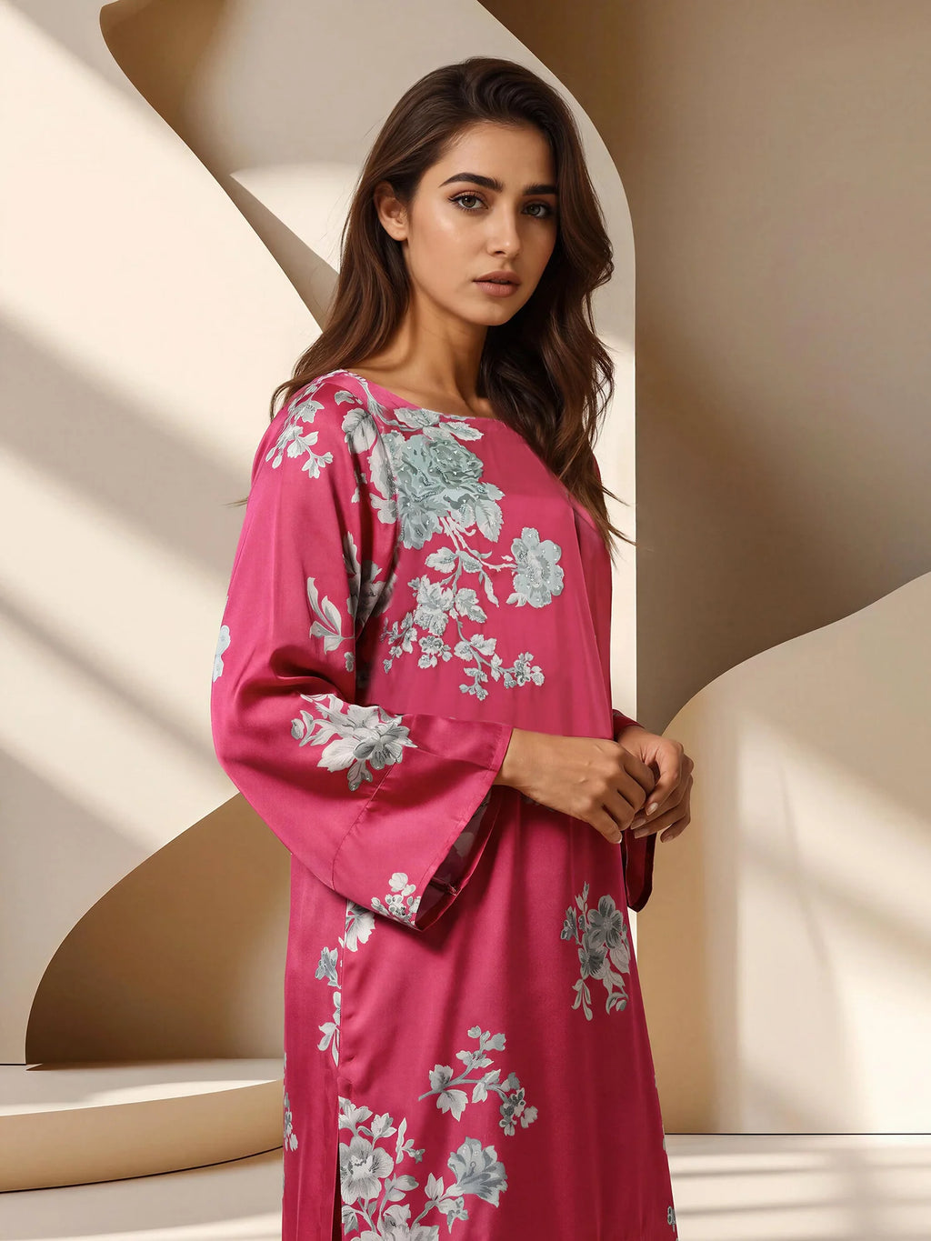 Limelight Pink Floral Printed Silk Embroidered 2-Piece Suit