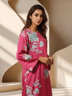 Limelight Pink Floral Printed Silk Embroidered 2-Piece Suit