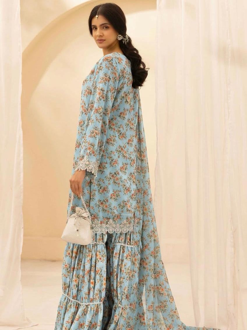 Simrans Baroque Chiffon Sky Blue Embroidered Pakistani Suit - Elegant Floral Print & Festive Eid Wear for Women, Lightweight & Comfortable