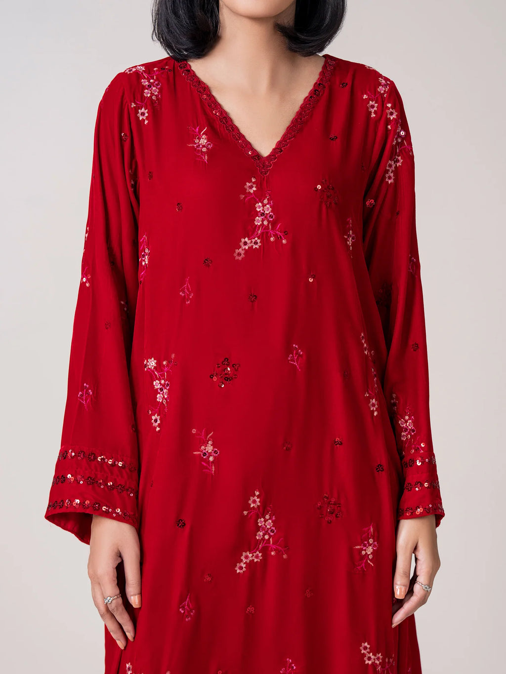 Limelight Velvet Suit - Red A-line Shirt with V-neckline Sequin Embroidery & Narrow-leg Trousers Elastic Waistband