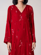Limelight Velvet Suit - Red A-line Shirt with V-neckline Sequin Embroidery & Narrow-leg Trousers Elastic Waistband