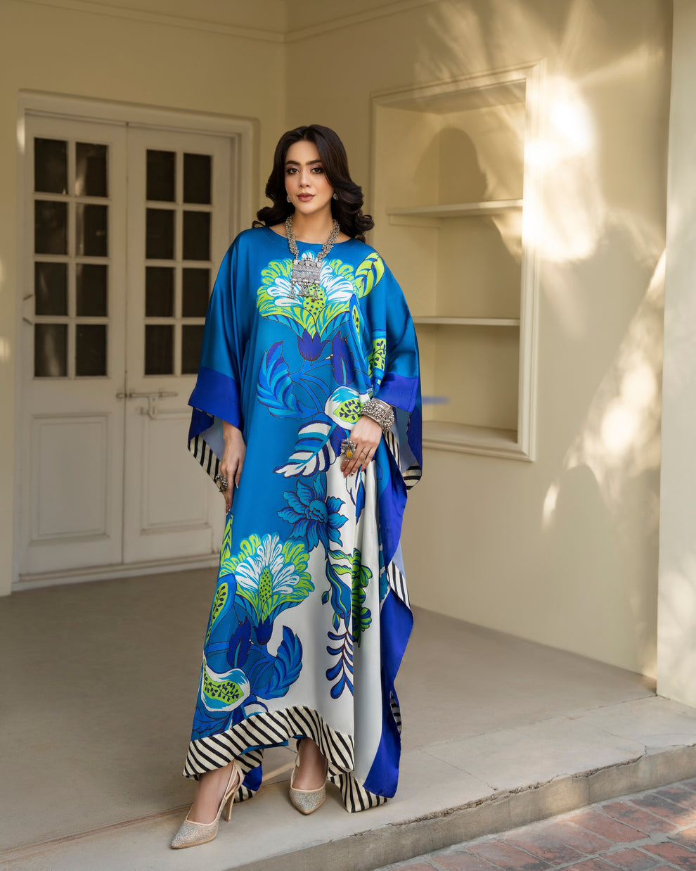 Karma 3 piece Kaftan azure Blue Printed Shamoz Silk 3PC Suit – Elegant Long Shirt with Dupatta & Trouser
Inner included