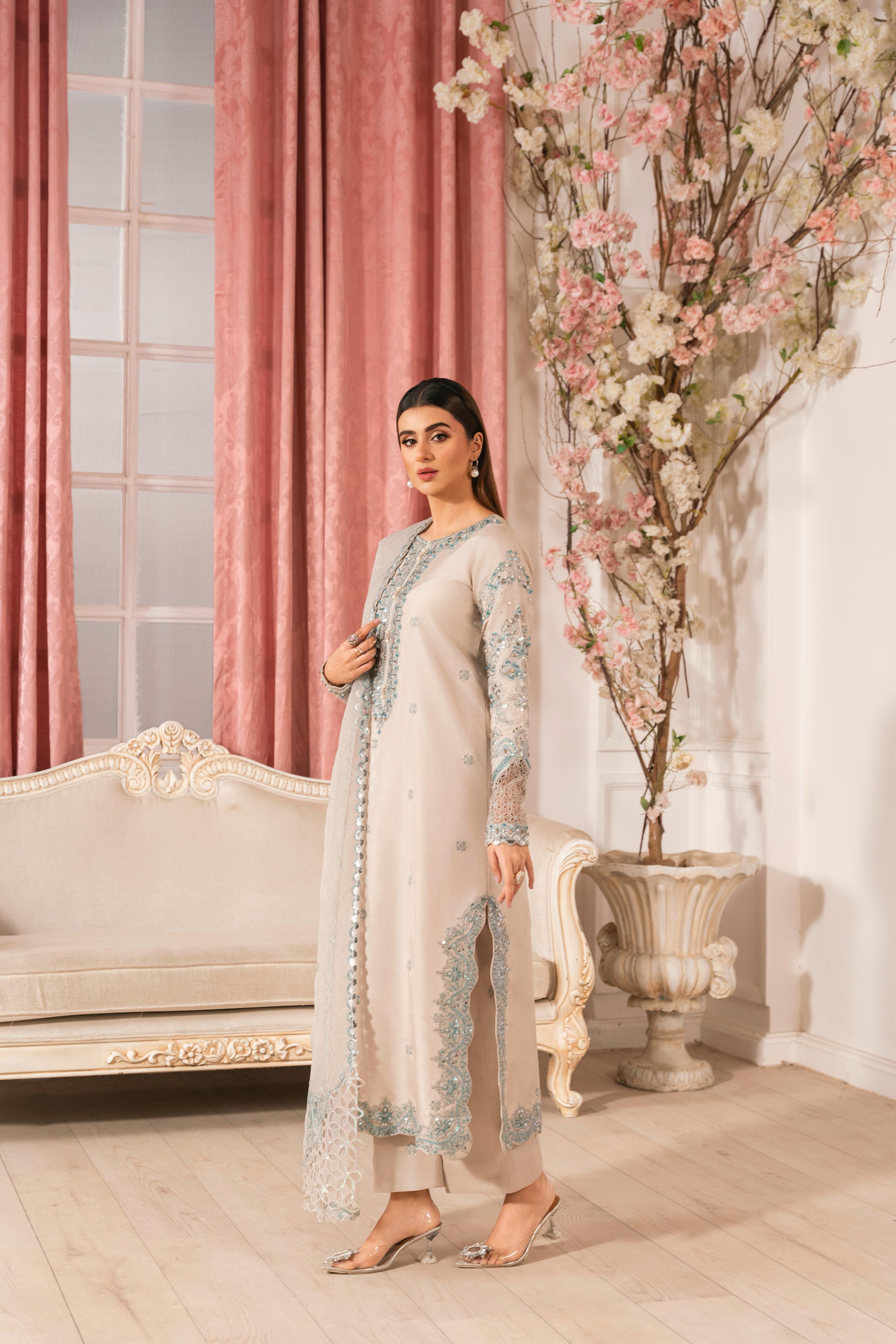 E481 Eid Collection Beige Raw Silk Long Kurta with Organza Dupatta – Heavy Adda Work 3 Piece Festive Suit