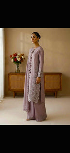 Lilac Embroidered Raw Silk 3 Piece Suit Set with Medium Silk Dupatta – Festive Party Wear Long Kurta Outfit