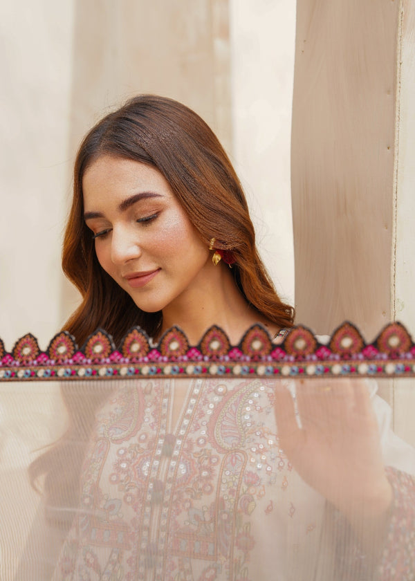 Beige Embroidered 3 Piece Lawn Suit with Trouser  & Organza Dupatta