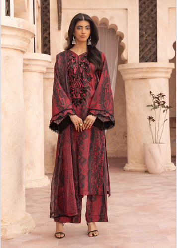 Simrans Maria B Inspired Viscose Silk – Red & Black Printed Ensemble with Embroidered Neckline