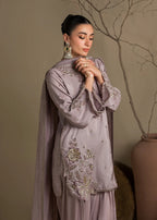 Lavender Embroidered Raw Silk Short Kurta with Farshi Shalwar & Silk Dupatta