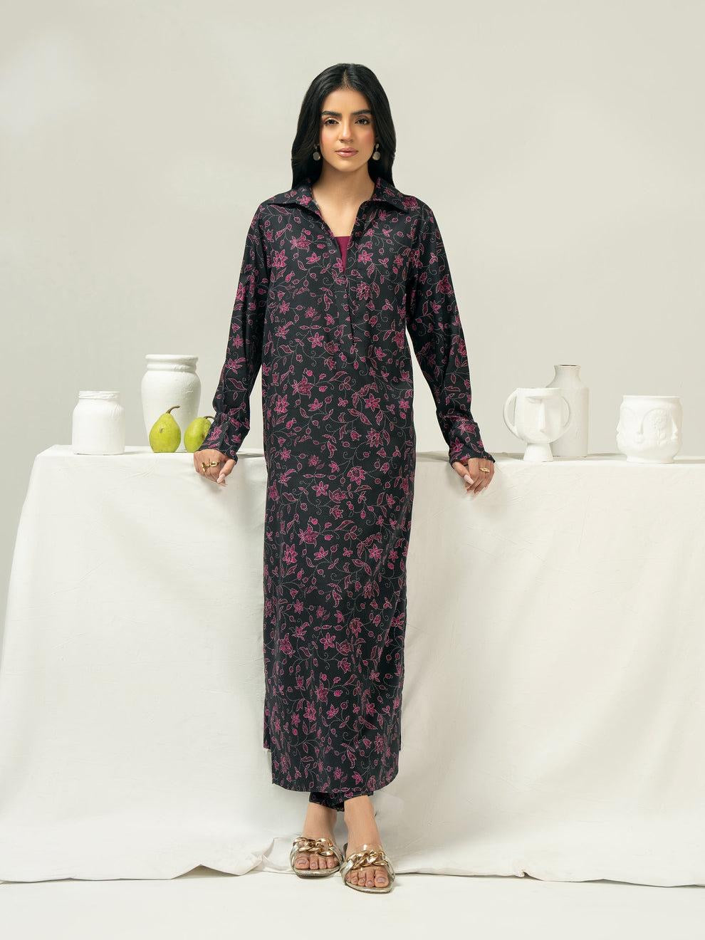 Limelight 2 Piece Set - Black Printed Viscose Cotton Shirt & Narrow-leg Trousers with Elastic Waistband