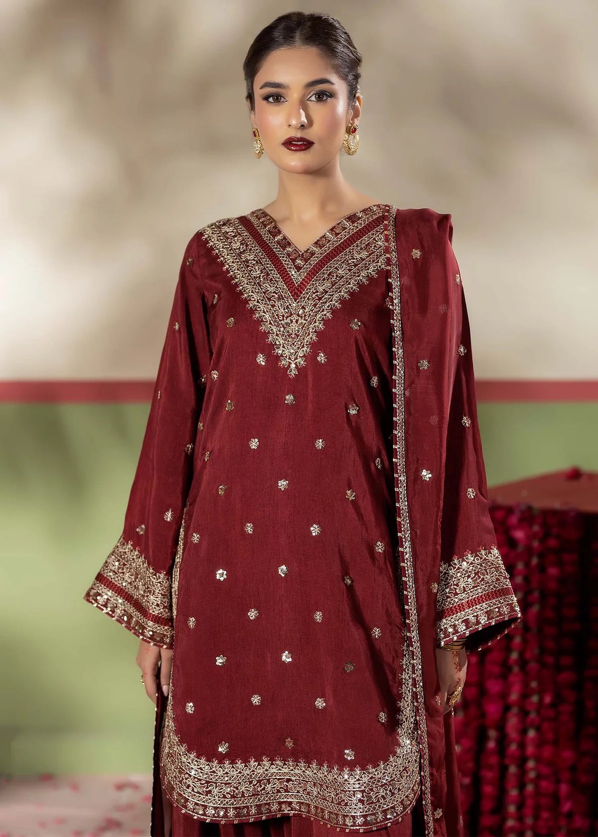 Maroon Raw Silk Embroidered Farshi Shalwar 3-Piece Suit