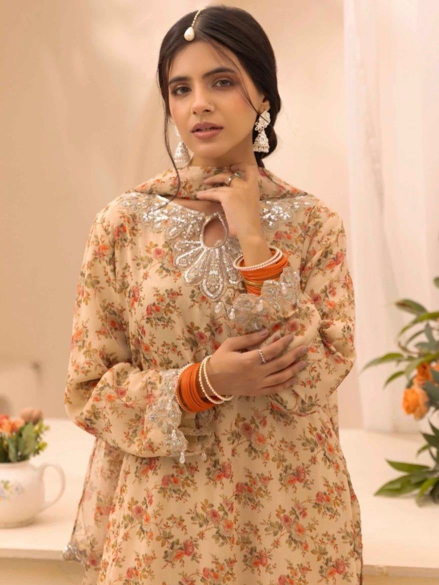 Simrans Baroque inspired Chiffon Embroidered Pakistani Suit - Elegant Floral Print & Festive Eid Wear for Women, Lightweight & Comfortable