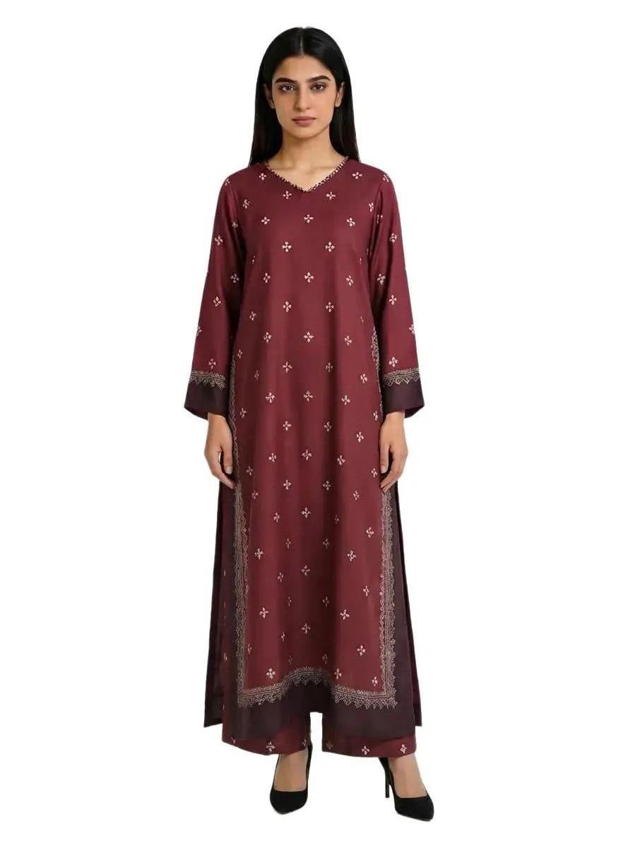 Limelight Maroon Silk 2 Piece Set - Printed Straight-Cut Shirt with V-Neckline & Wide-Leg Trousers with Elastic Waistband